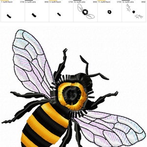 May include: A detailed embroidery design of a bee with black and yellow stripes, a black head, and translucent wings. The bee is flying with its wings spread out.