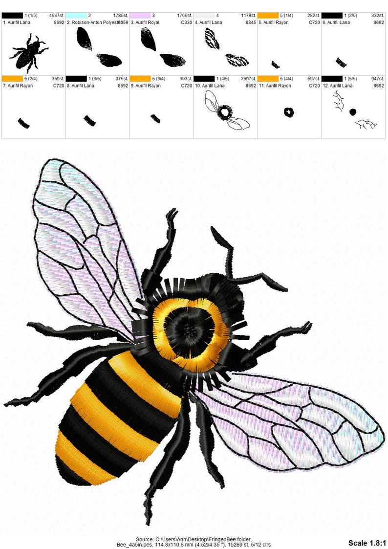 May include: A detailed embroidery design of a bee with black and yellow stripes, a black head, and translucent wings. The bee is flying with its wings spread out.
