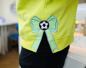 Soccer Ball and long tail Bow Applique side bow machine embroidery designs ribbon Sports Girly Bow t-shirt sweatshirt split seam coquette