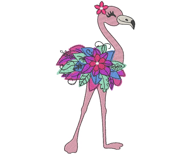 Watercolor effect Floral Flamingo fill stitch machine embroidery designs for hoop 5x7, 6x10 pretty eyes cute Flamingo summer girl bouquet