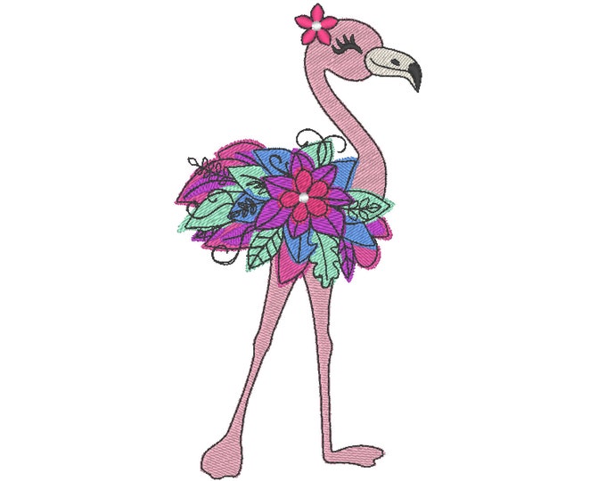 Watercolor effect Floral Flamingo fill stitch machine embroidery designs for hoop 5x7, 6x10 pretty eyes cute Flamingo summer girl bouquet