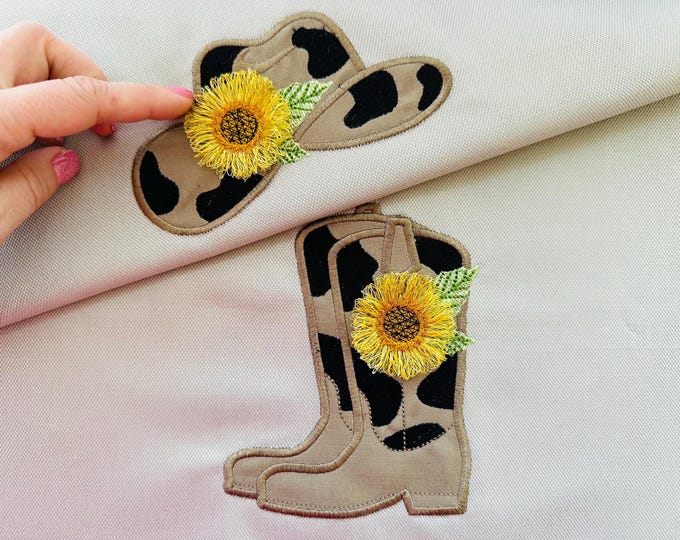 Pretty Cowgirl cowboy Boots and Hat Applique SET of 2 single designs fringed fluffy Sunflower machine embroidery designs sizes 4 to 6 inch