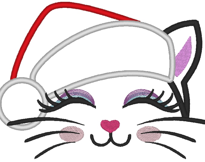 Christmas kitty, cat, Santa hat cat  Christmas applique machine embroidery designs Cat applique embroidery face