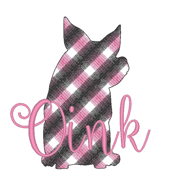 Piggie Plaid gingham, check, square, chequered, tartan pig towel kitchen Machine design 4, 5, 6 oink embroidery Silhouette light stitch