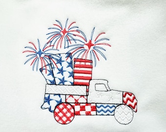 Patriotic Patchwork Red Truck with Fireworks patterned Truck outline machine embroidery designs sizes 4 up to 5.5 inch kids boys 4th of July