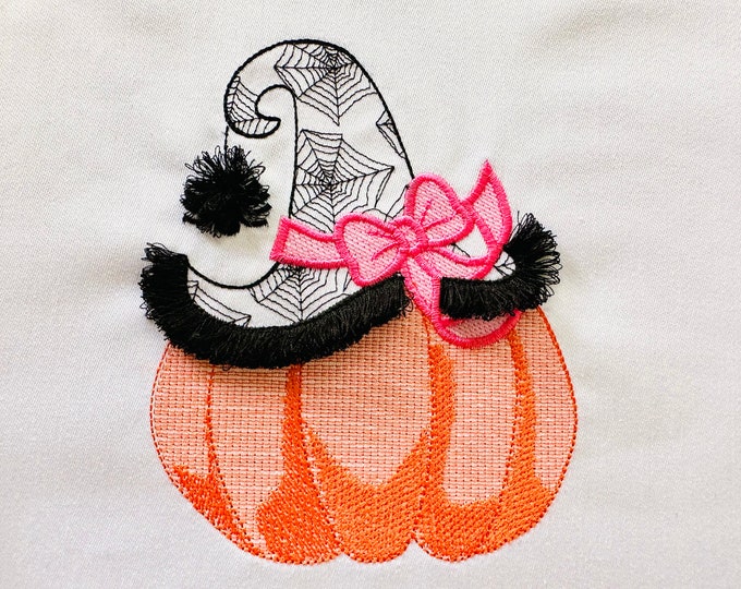 Witch Hat and fluffy fringed Spider on Pumpkin spiderweb pattern light stitch machine embroidery design Halloween baby spooky clothing