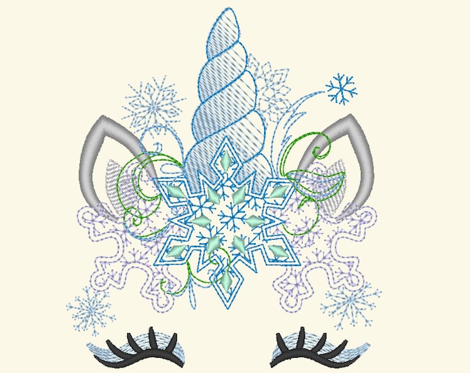 Light stitch Frozen Christmas Unicorn head with snowflakes crown light stitch machine embroidery designs unicorn face with snowflakes