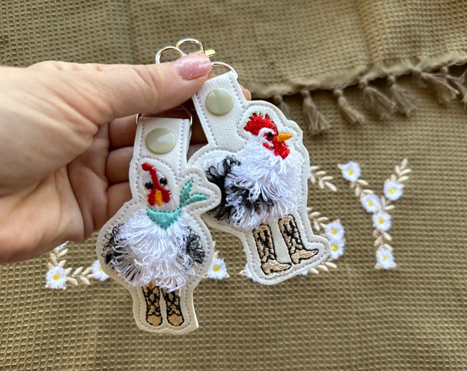 Cowboy boots Fringed Chicken Eyelet and key fob snap tab Rooster Rodeo keychain in the hoop machine embroidery designs ITH Farm fluffy fuzzy