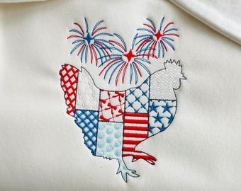 Patchwork Farm Chicken silhouette outline and Fireworks patterned patriotic machine embroidery designs sizes 4 up to 8in American 4th July