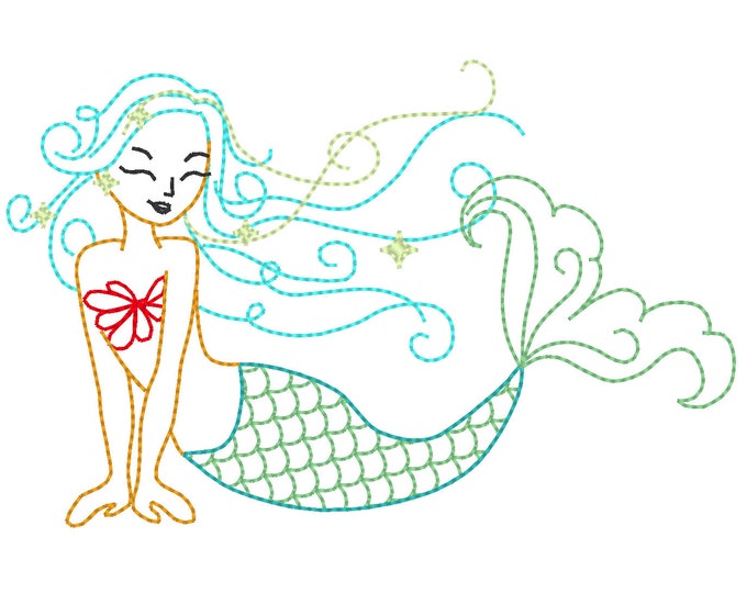 Mermaid sketch stitch outline bean triple, lock stitch embroidery designs 4x4 5x7 6x10 - mermaid simply urban curly embroidery design