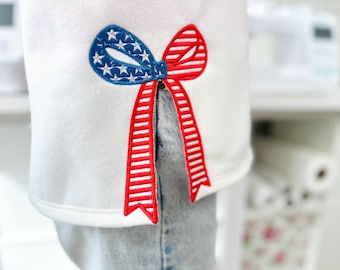American patriotic Bow side seam cutout side bow Applique machine embroidery designs stars and stripes girls tshirt sweatshirt design