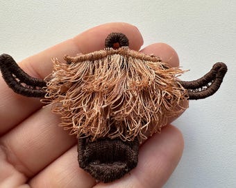 Fringed Highland Cattle earrings charm pendant in the hoop FSL freestanding lace machine embroidery designs ITH fur fuzzy fluffy farm cow