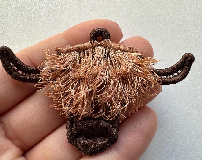 Fringed Highland Cattle earrings charm pendant in the hoop FSL freestanding lace machine embroidery designs ITH fur fuzzy fluffy farm cow