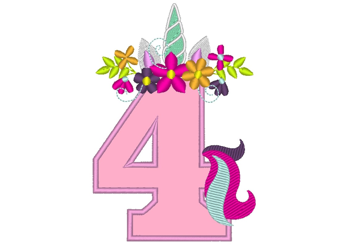 Unicorn number four 4 with flowers crown floral Unicorn Tail Etsy