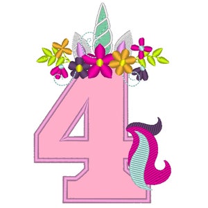 Unicorn number four 4 with flowers crown floral Unicorn Tail Birthday number four applique machine embroidery design for hoop 4x4, 5x7