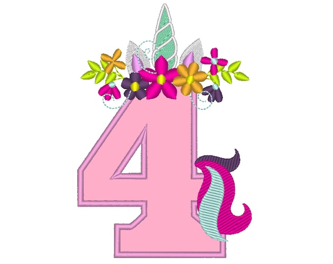 Unicorn number four 4 with flowers crown floral Unicorn Tail Birthday number four applique machine embroidery design for hoop 4x4, 5x7