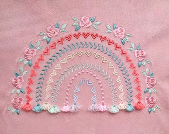 Boho floral rose and heart Rainbow fringed tassels machine embroidery designs in assorted sizes, girly pretty rainbow heart flower tassels