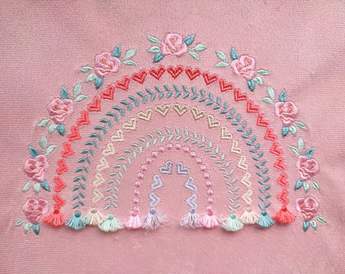 Boho floral rose and heart Rainbow fringed tassels machine embroidery designs in assorted sizes, girly pretty rainbow heart flower tassels