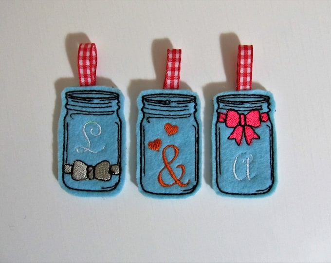 4 types in the hoop feltie, mini mason jars, mini jar for her and him Mr and Mrs key fob keychain and mini font machine embroidery designs