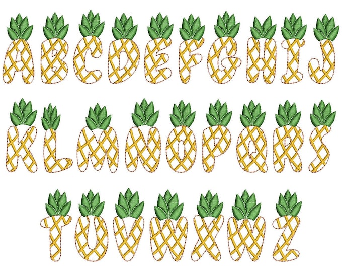 Tutti Frutti Pineapple fruit FONT machine embroidery designs in assorted sizes funny alphabet letters A-Z kids name monogram, BX included