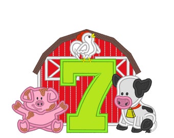 Farm Barn animals birthday number SEVEN 7 with barn, cow, pig, rooster cute farm machine embroidery design applique design 5x7 6x10 8x8 8x12