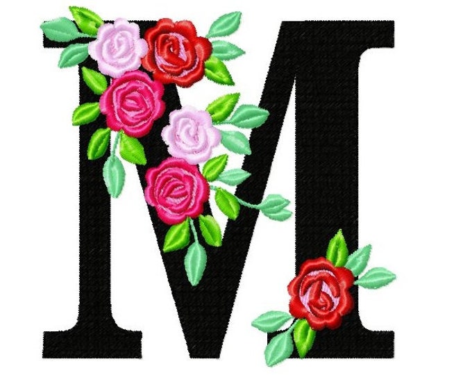 Roses floral Individual letter M garden flag monogram roses crown flowers flower Font machine embroidery design 2, 3, 4, 5, 6, 7, 8 in