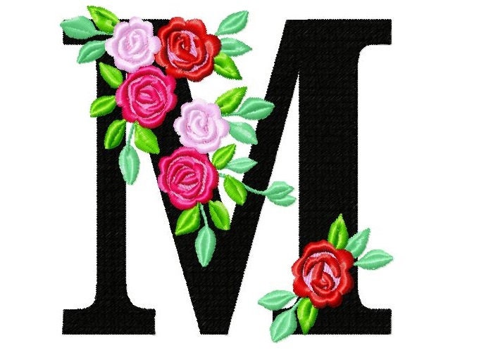 Roses floral Individual letter M garden flag monogram roses crown flowers  flower Font machine embroidery design 2, 3, 4, 5, 6, 7, 8 in