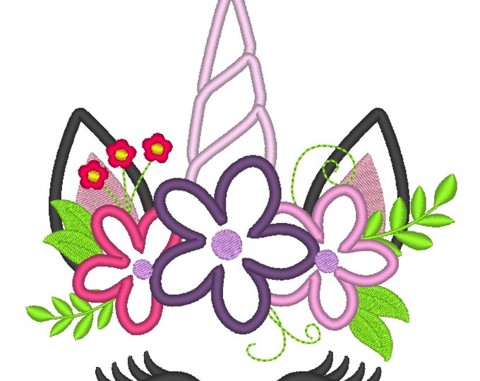 Unicorn head with shabby chic floral crown applique machine embroidery designs Rainbow unicorn face pretty eyes kids girls design