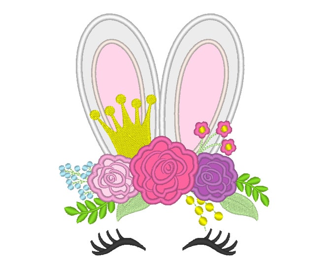 Easter Bunny princess with  roses 3 floral crown, bunny ears applique, bunny face machine embroidery designs 4x4 5x7 6x10