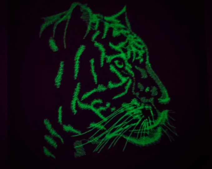 Tiger silhouette Glow in the dark special machine embroidery designs in assorted sizes, glowing in dark wild animal predator tiger head face