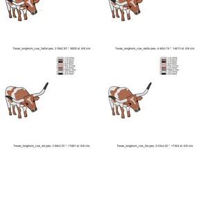 May include: A series of embroidered Texas Longhorn cow designs. Each design features a brown and white longhorn with curved horns. The designs vary in size, with the largest being approximately 5.03 inches by 4.20 inches.