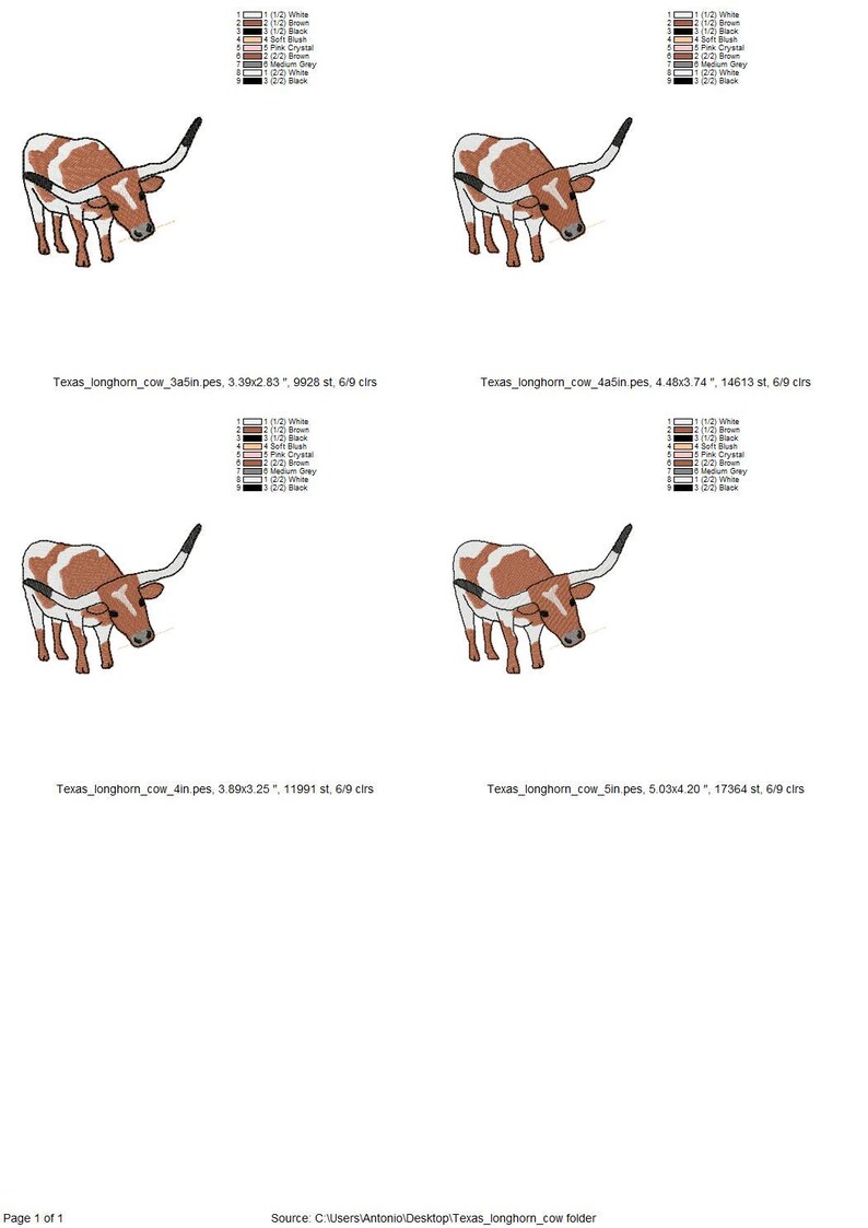 May include: A series of embroidered Texas Longhorn cow designs. Each design features a brown and white longhorn with curved horns. The designs vary in size, with the largest being approximately 5.03 inches by 4.20 inches.