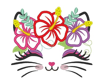 Pretty Kitty Cat face with hibiscus 3 flower floral crown applique summer kids girls machine embroidery designs