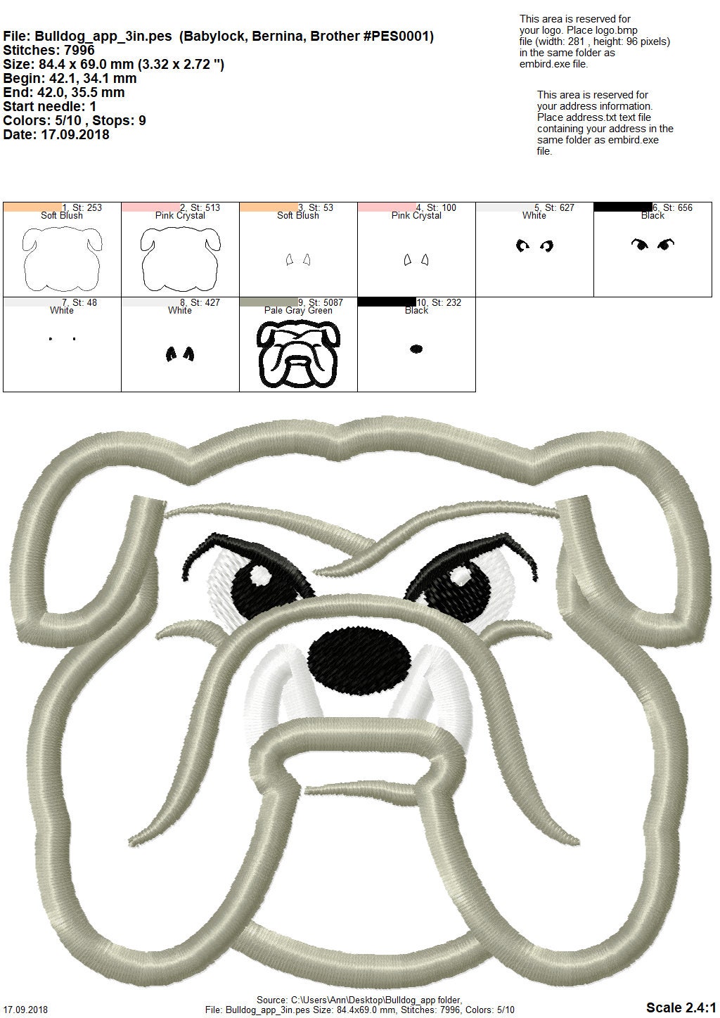 Bulldog Head Applique Design design mascot - machine embroidery designs ...