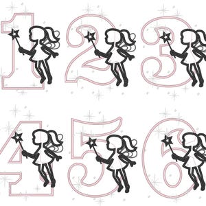 May include: Six pink outlined numbers with a fairy holding a wand inside each number. The fairies are black and have wings. The background is white with a sparkle pattern.