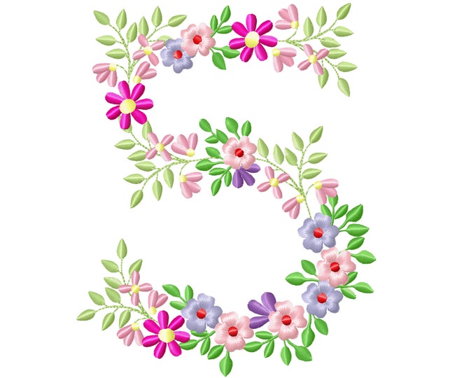 Country Floral birthday number 5 farm flowers number flower flowered Font machine embroidery designs number 5 FIVE only 3.5, 4, 5, 6, 7, 8in