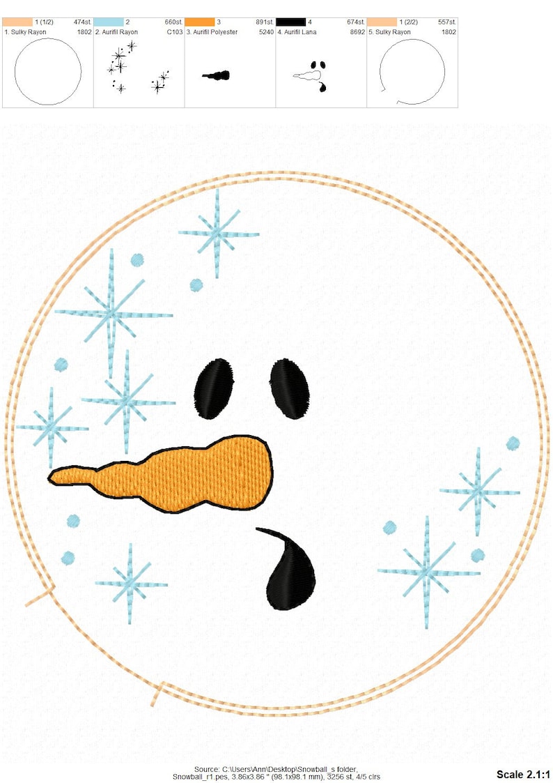 May include: A white snowman face with black eyes, a black mouth, and an orange nose. The snowman is surrounded by blue snowflakes.