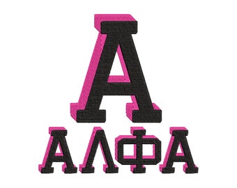 Varsity block type GREEK Font Shadow alphabet fill stitch machine embroidery designs in multiple sizes letters numbers with shadow, BX incl