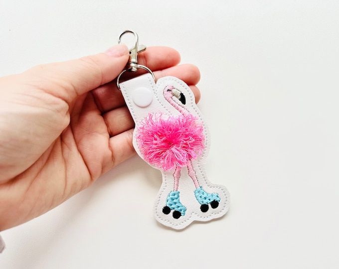 Fringed Flamingo roller keychain key fob snap tab and eyelet in the hoop machine embroidery designs Roller skate ITH girl backpack bag tag