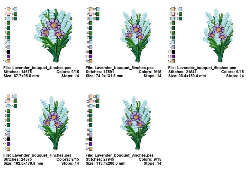 May include: A digital embroidery design of a lavender bouquet in various sizes, from 4 to 8 inches. The design features 9 colors and 14 stops. The file names and sizes are included in the image.