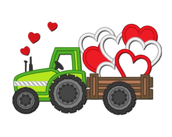 Valentine day Tractor with Trailer and Hearts Applique farm kids boys vehicle machine embroidery designs sizes for hoop 4x4, 5x7 and 6x10