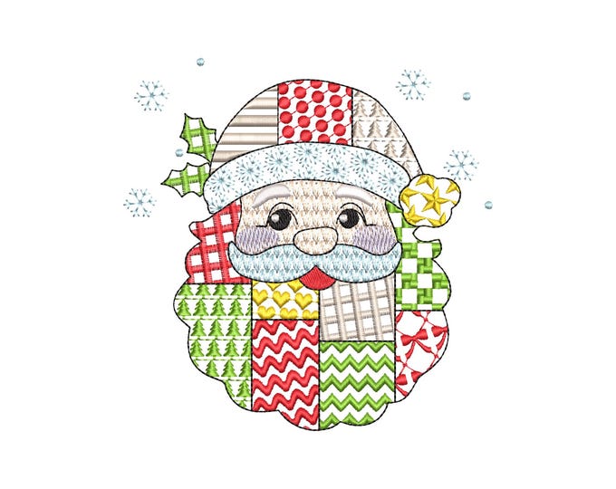 Awesome Patchwork Santa Christmas patterned Santa outline machine embroidery designs many sizes 4 up to 8 inch Snowflake folk farm design