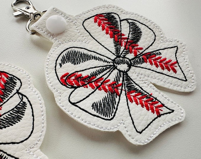 Baseball Bow key fob snap tab and eyelet SET of 2 types ITH in the hoop keychain machine embroidery designs for hoop 4x4 5x7 sports kids