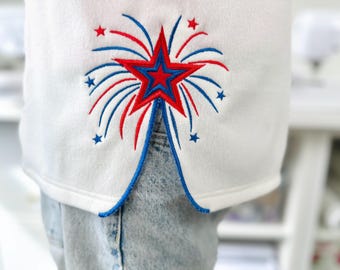 Fireworks Star split side seam cutout side bow Applique machine embroidery designs stars and stripes 4th of July t-shirt sweatshirt design
