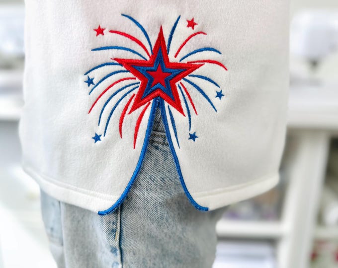 Fireworks Star split side seam cutout side bow Applique machine embroidery designs stars and stripes 4th of July t-shirt sweatshirt design