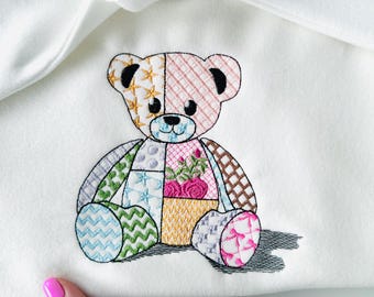 Cute little Patchwork Teddy Bear awesome patterned Teddy outline machine embroidery designs sizes 4.5 up to 7 inches light stitch baby girls