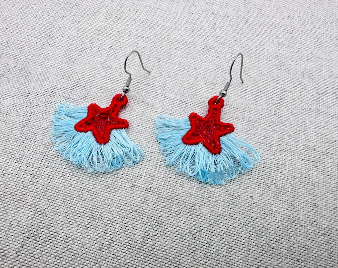 Fringed Star girls pretty fringed earrings or charm in the hoop FSL freestanding lace fringe machine embroidery designs ITH size 1.3 inch