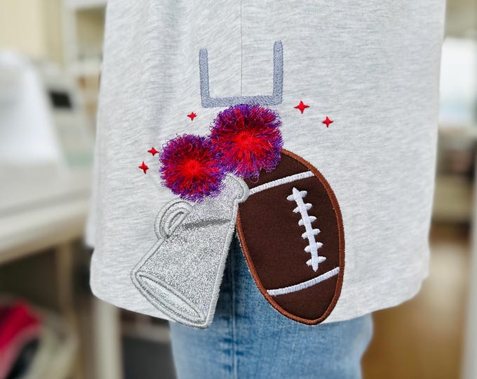 Cheer Sports Cheerleader fringed pompoms Football Megaphone Applique split seam cutout side bow Applique machine embroidery designs girls