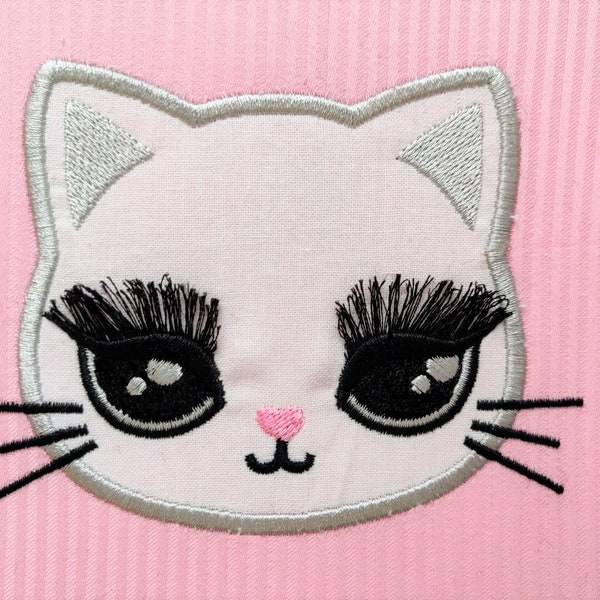 Pretty eyes kitty cat Applique fringed eyelashes fluffy lashes fringe ITH In the hoop machine embroidery designs for hoop 5x7 kids outfit