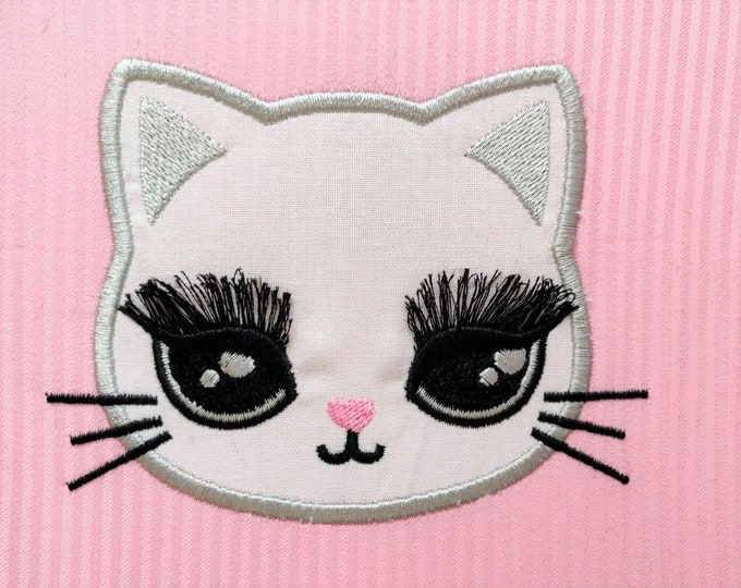 Pretty eyes kitty cat Applique fringed eyelashes fluffy lashes fringe ITH In the hoop machine embroidery designs for hoop 5x7 kids outfit